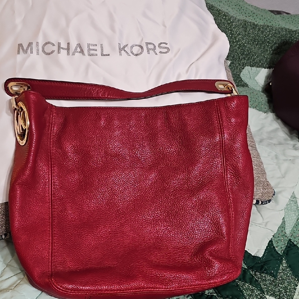 Michael Kors Red Pebbled Leather Shoulder Bag with Gold Hardware